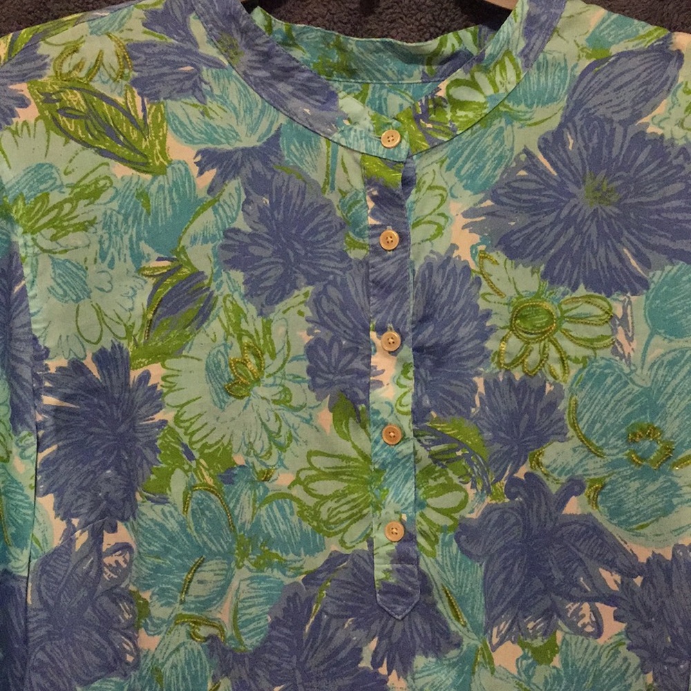 Talbots Large multi Blue Green flowers Blouse - Picture 2 of 6